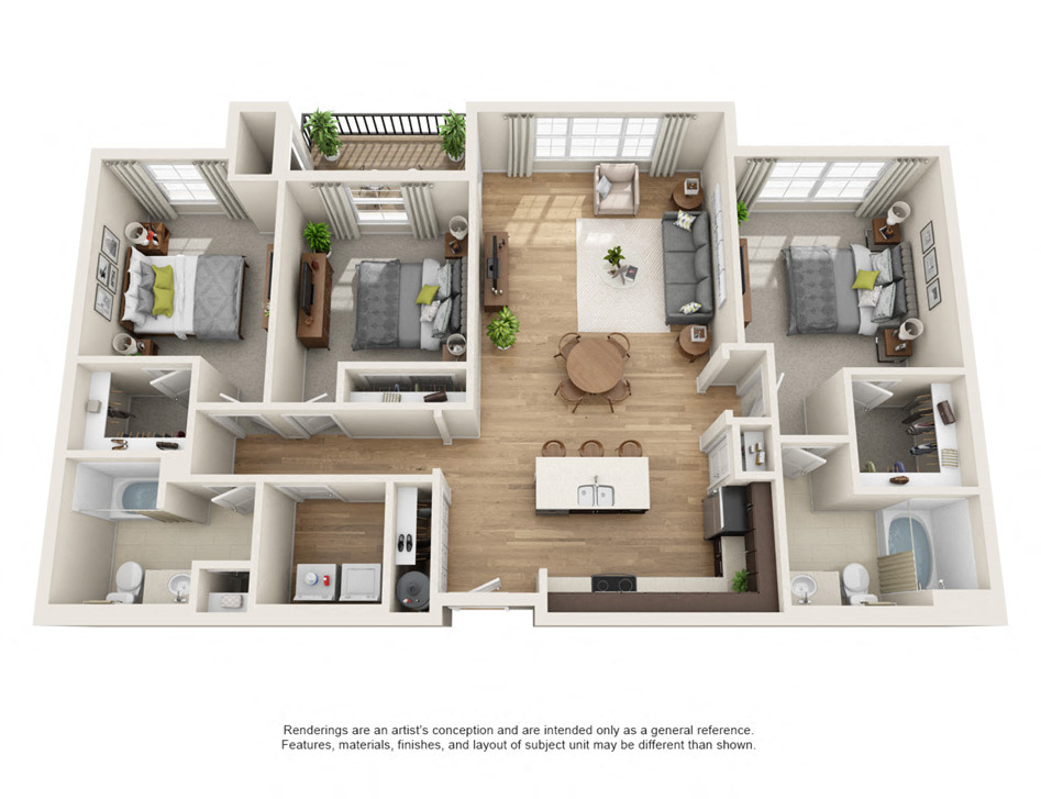Floor plan for 3 beds, 2 baths, 1359 sqft